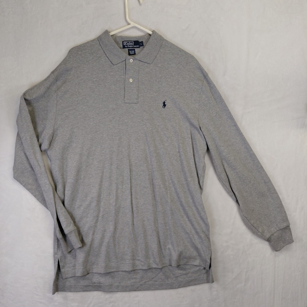 Polo Ralph Lauren Mens Large Gray Long Sleeve Cotton Polo Shirt Navy Pony Logo